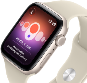 Apple Watch SE 3, Aluminiumgehäuse, Farbe Polarstern, Zyklusprotokoll mit verschiedenen Menstruationssymptomen, rechte Seitenansicht, Digital Crown, Seitentaste, Sportarmband, Farbe Sand
